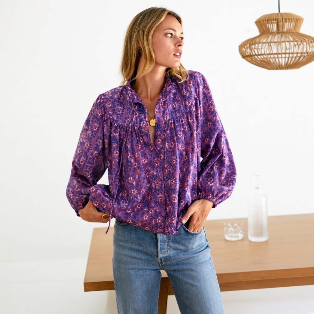 Emerson Fry Emmaline Blouse Violet Wildflower Organic Cotton Floral Top Large